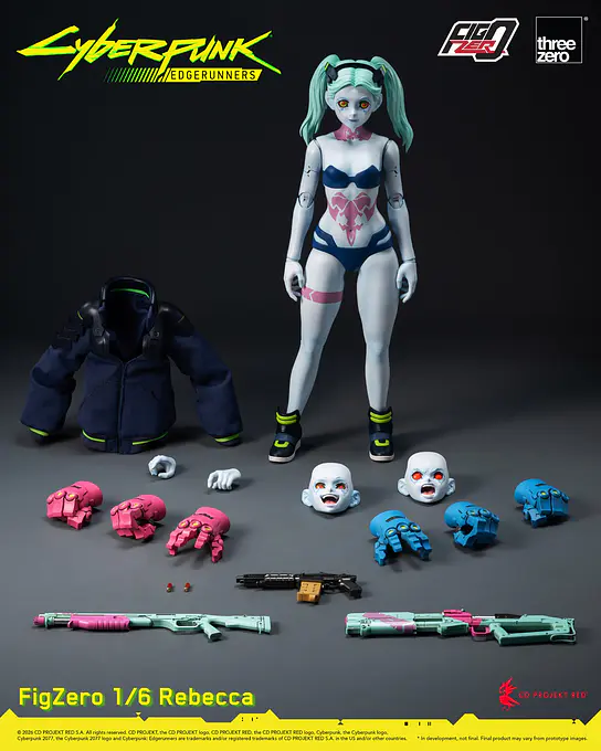 FigZero Rebecca with all accessories: jacket, faceplates, cyber hands, normal hands and three firearms