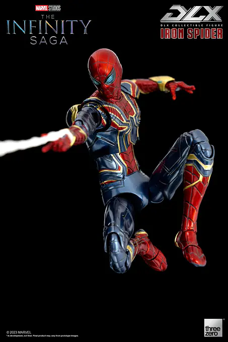 Iron Spider firing a web string in a crouched pose