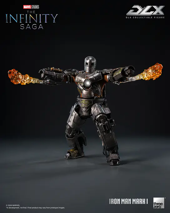 Iron Man Mark 1 with arms outstretched firing both flamethrowers