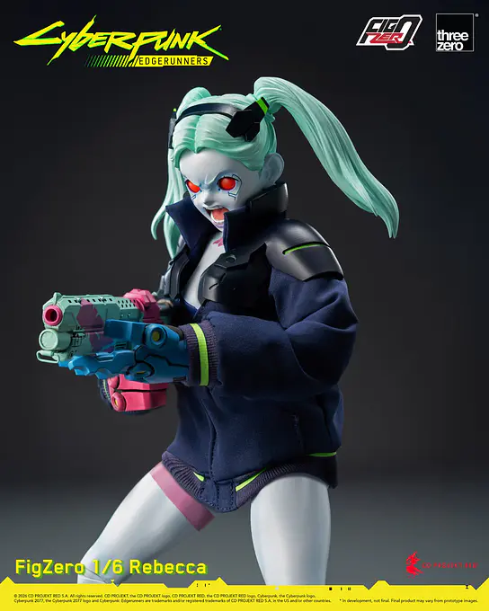 Rebecca aiming a firearm with cyber hands