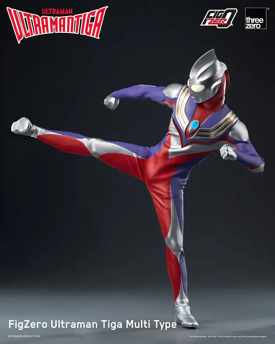 threezero FigZero Ultraman Tiga Multi Type figure mid-kick, showing the articulation