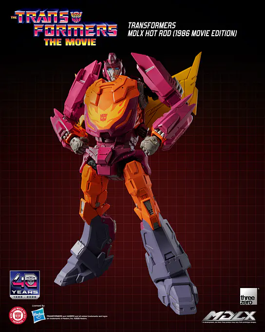 Front view of MDLX Hot Rod in orange and magenta with the yellow flame pattern on his chest