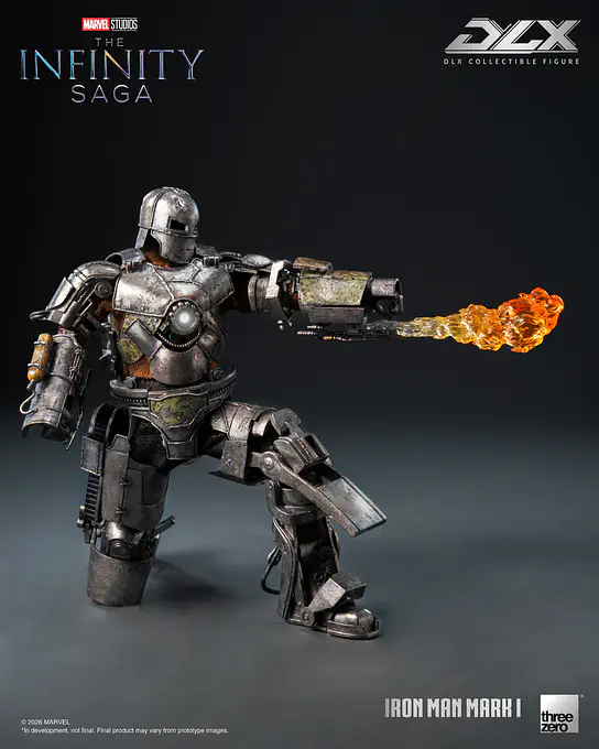 Iron Man Mark 1 kneeling with the flamethrower fire effect