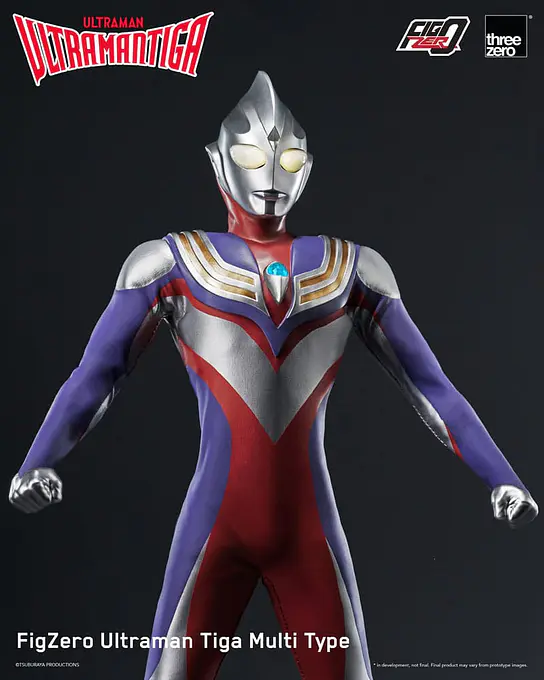 threezero FigZero Ultraman Tiga Multi Type figure with arms spread, showing the silver and gold chest detail