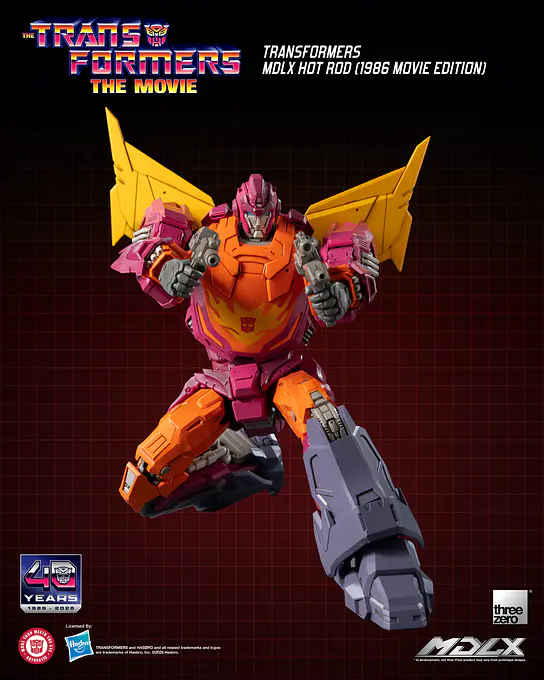 Hot Rod crouching with fists raised and his rear wing spread