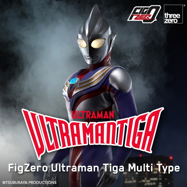 threezero FigZero Ultraman Tiga Multi Type key art with the Ultraman Tiga logo