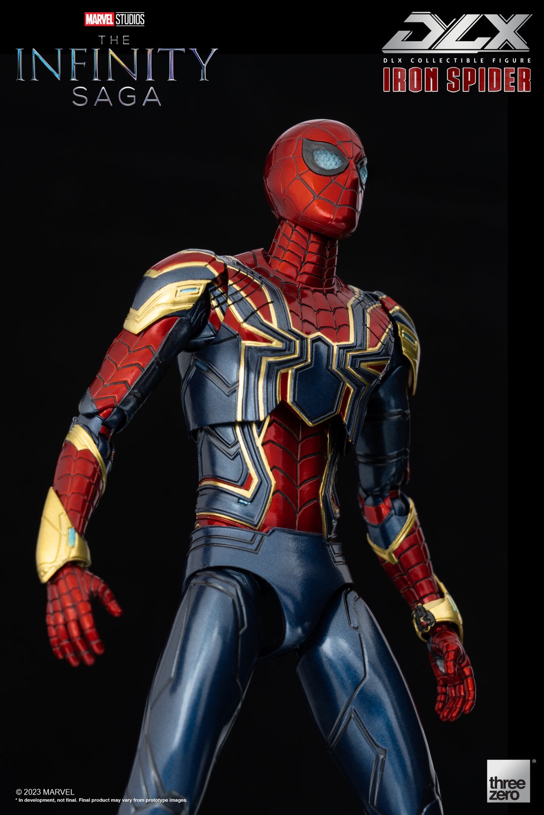 Close view of DLX Iron Spider in metallic red, blue and gold armour