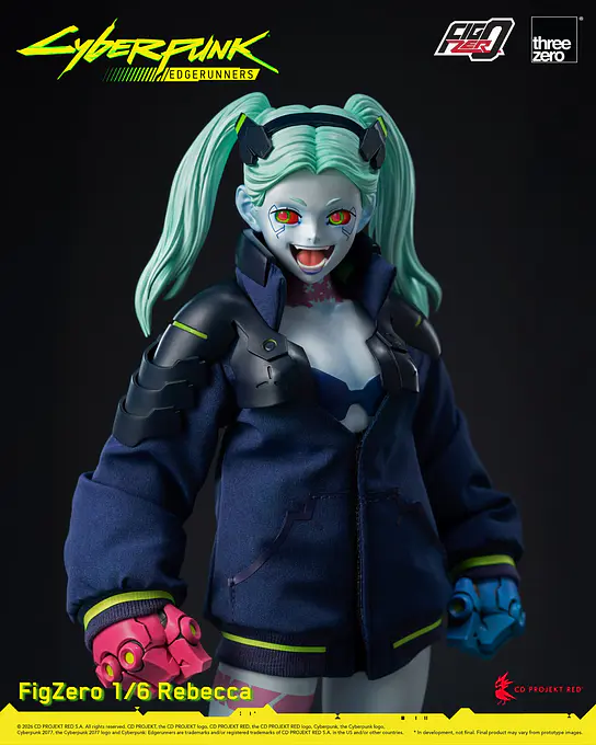 Close view of Rebecca with the laughing faceplate and cyber hands