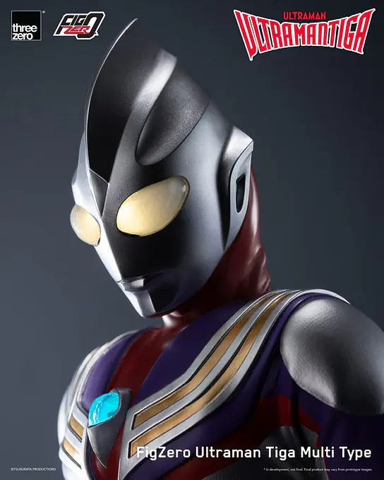 threezero FigZero Ultraman Tiga Multi Type figure, close-up of the head with the LED eyes lit