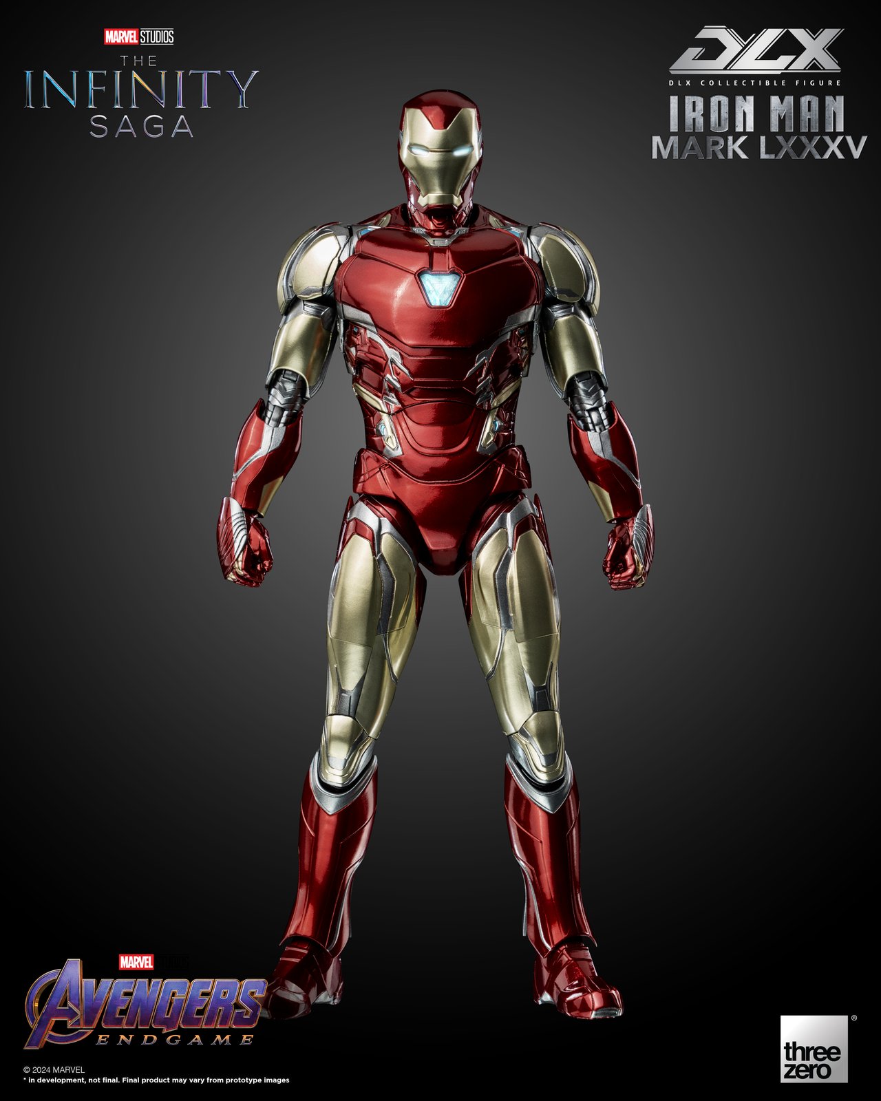 Front view of DLX Iron Man Mark 85 in red and gold armour with a glowing Arc Reactor
