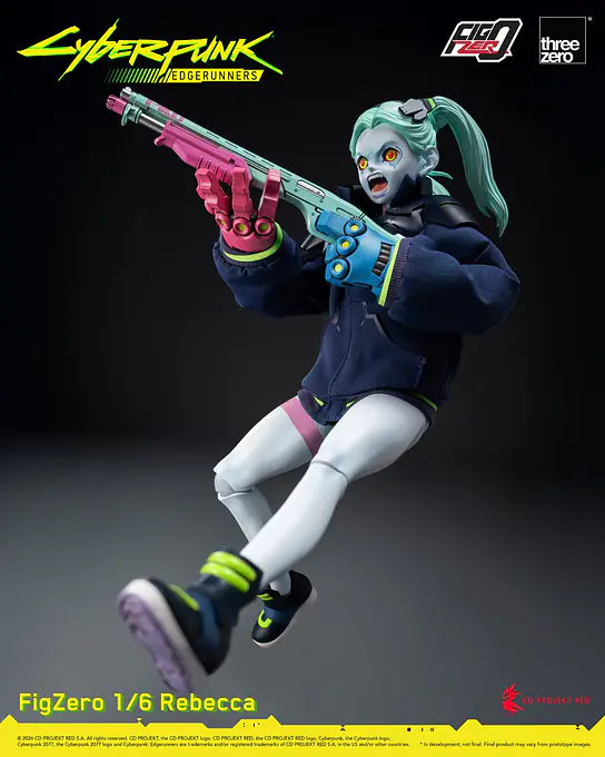 Rebecca leaping forward with a shotgun