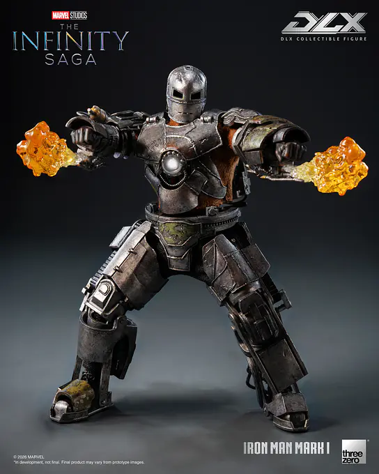 Iron Man Mark 1 with fire effects on both hands in a wide stance