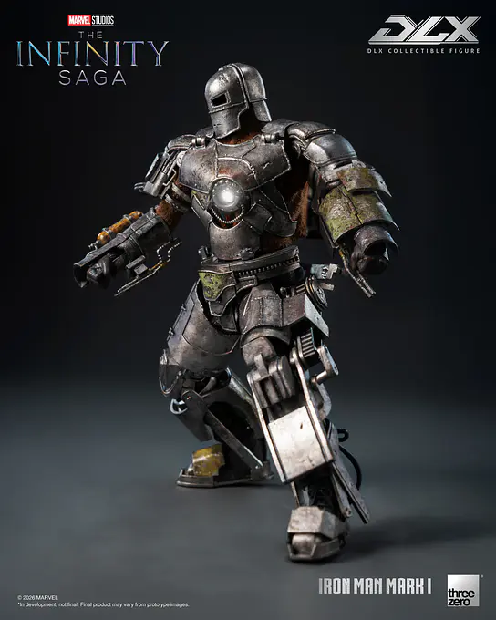 Iron Man Mark 1 in a three-quarter stance showing the riveted armour plating