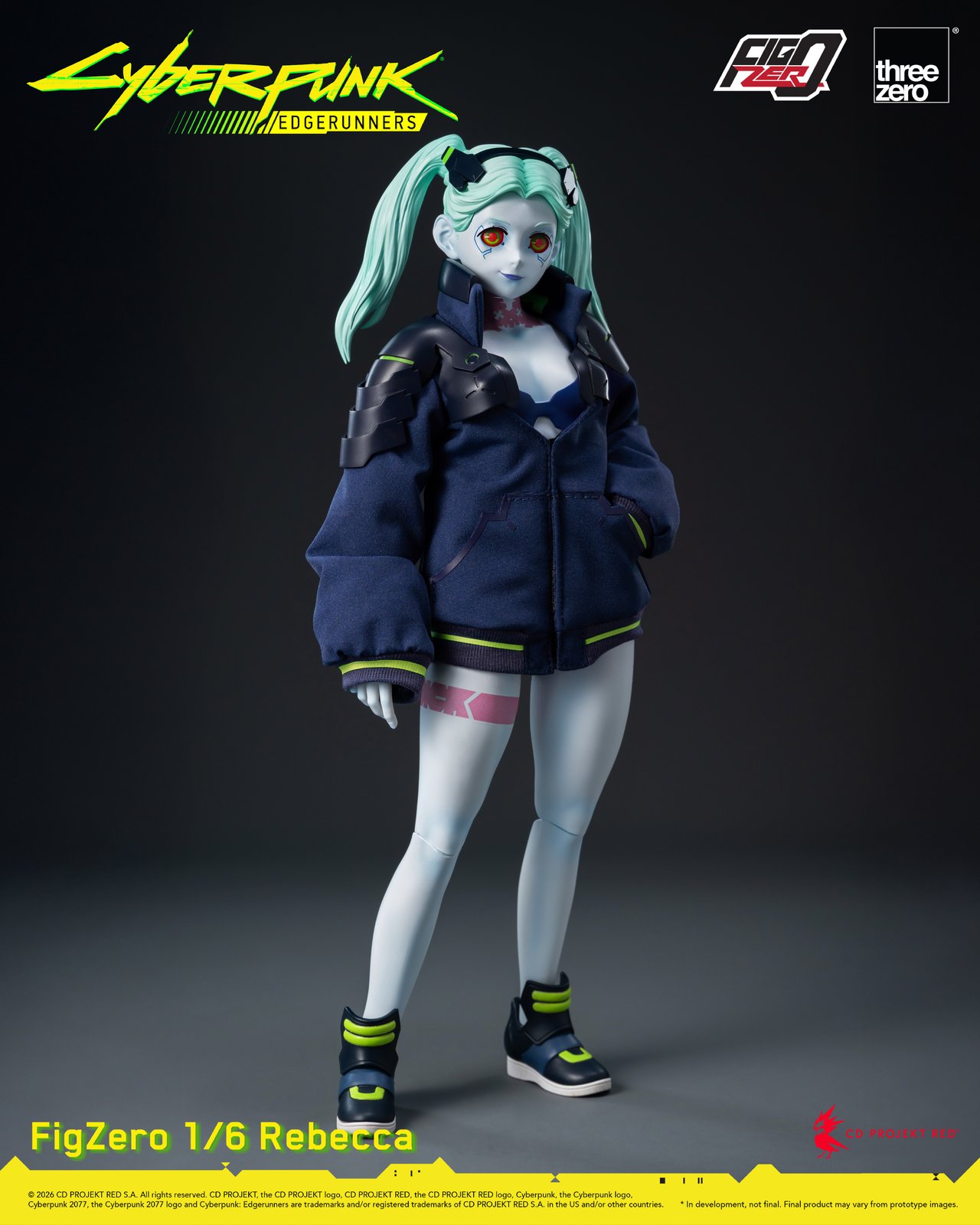 Front view of threezero FigZero 1/6 Rebecca in her navy fabric jacket with teal ponytails
