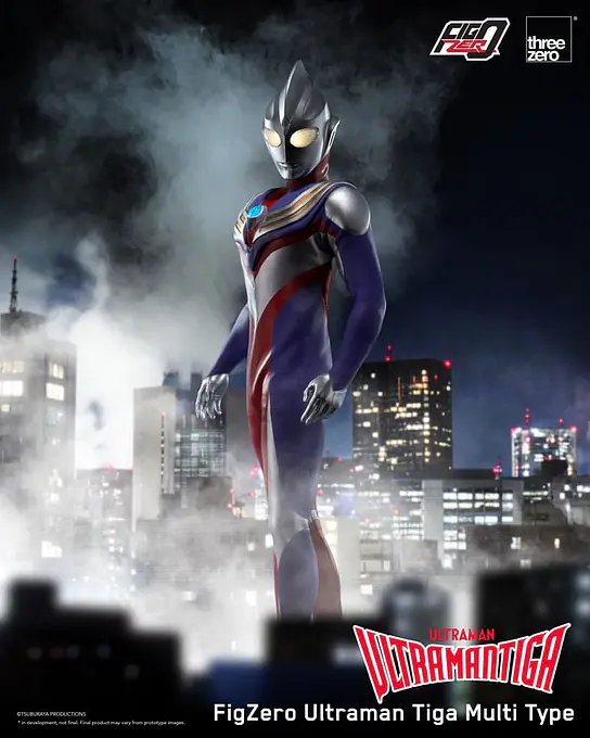 threezero FigZero Ultraman Tiga Multi Type figure posed against a night city backdrop