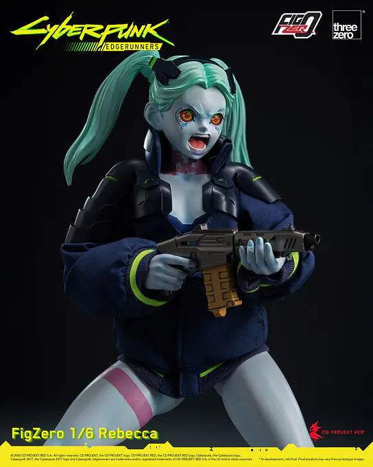 Close view of Rebecca with the battle faceplate holding a firearm