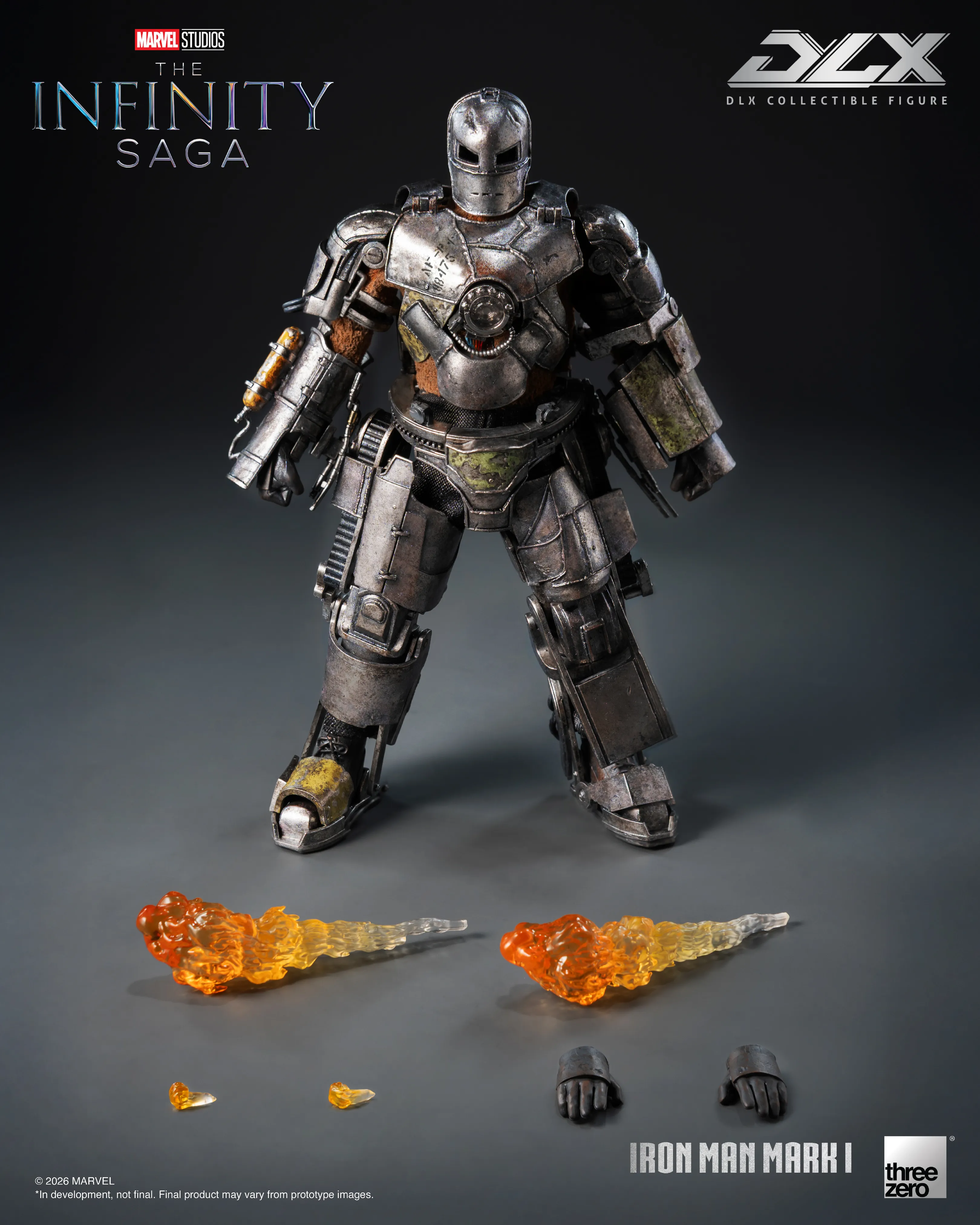 Iron Man Mark 1 with all accessories: fire effects, missile and interchangeable hands