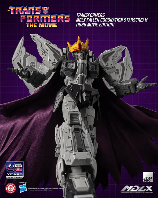 Front view of MDLX Fallen Coronation Starscream in grey and white with his crown and purple fabric cape
