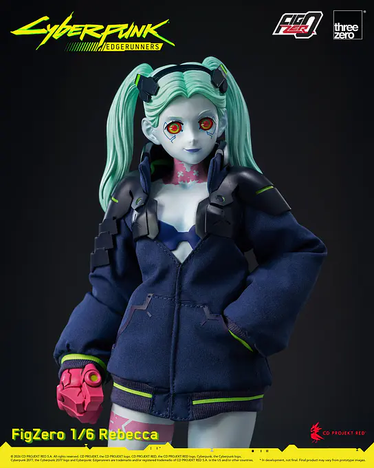 Close view of Rebecca's oversized high-collar jacket with armour details