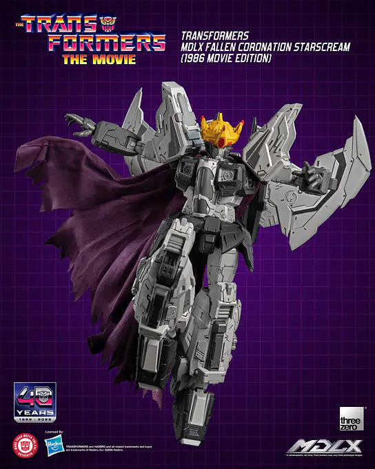 Starscream in a flying pose with the fabric cape spread behind him