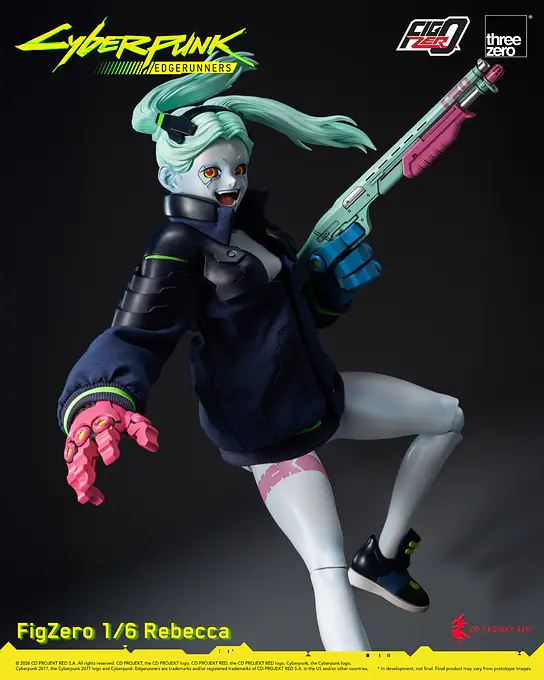 Rebecca crouching with a shotgun over her shoulder