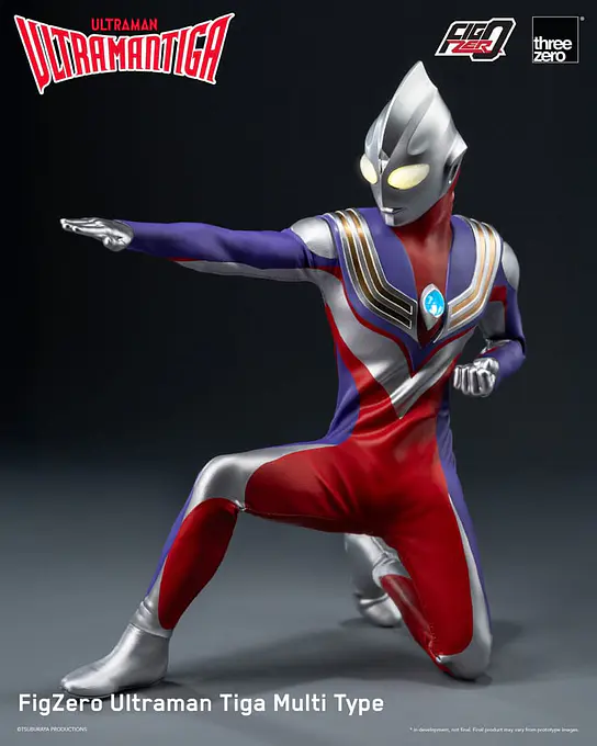 threezero FigZero Ultraman Tiga Multi Type figure kneeling with one arm pointed forward
