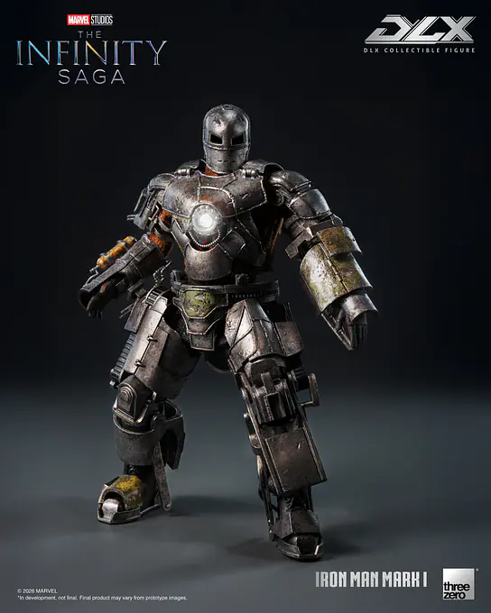 Front view of DLX Iron Man Mark 1 with weathered grey armour and a glowing Arc Reactor